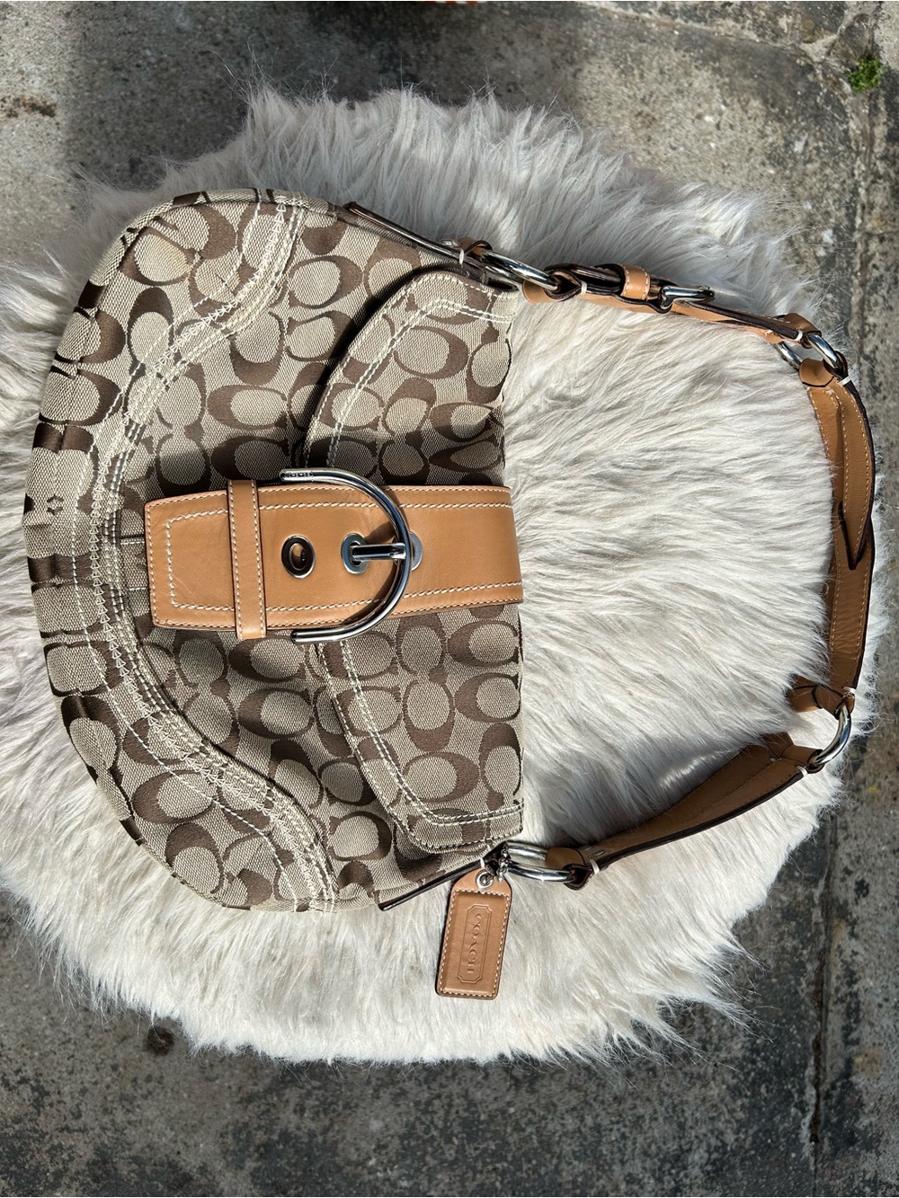 Coach Khaki Signature Canvas Hobo with Tan Leather Trim